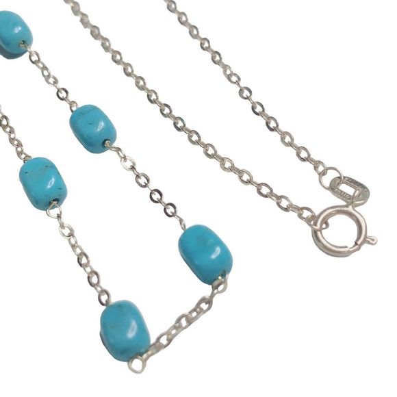 14kt 14K Italy Milor Yellow Gold Blue Turquoise Station Necklace 24" Long - Picture 3 of 6